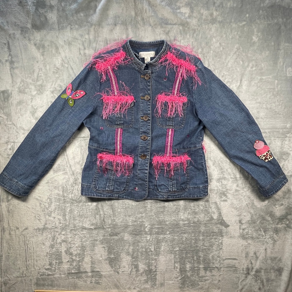 Petite Sophisticate Denim Jacket Custom Embellished Rhinestone‎ Pink Fringe